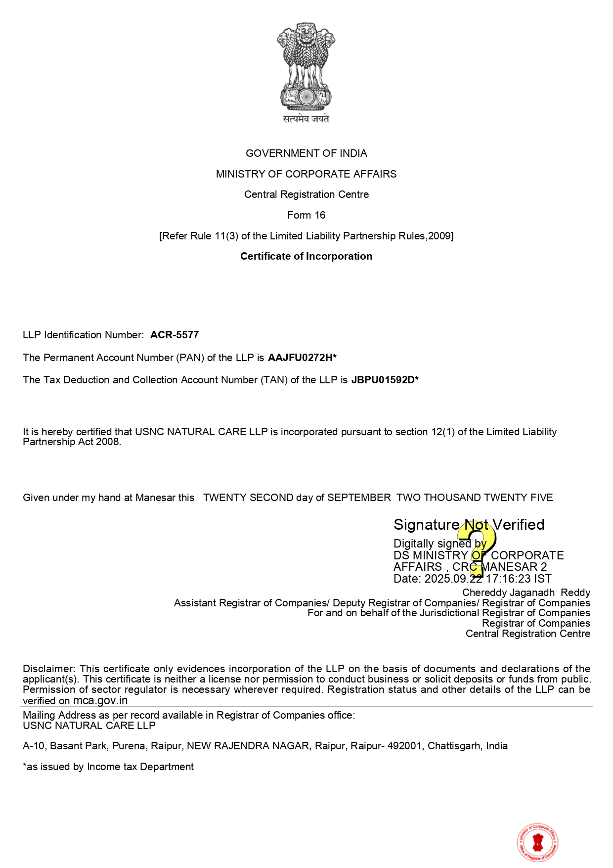 Registration Certificate